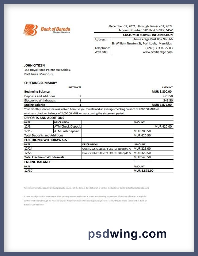 Mauritius Bank of Baroda Bank Statement (Excel)